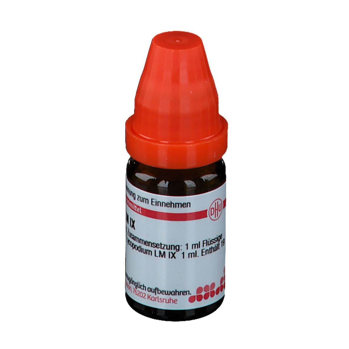 Braune Glasflasche mit rotem Verschluss. Etikett mit Produktinformationen: Lycopodium LM IX, 1 ml Flüssige Verdünnung.