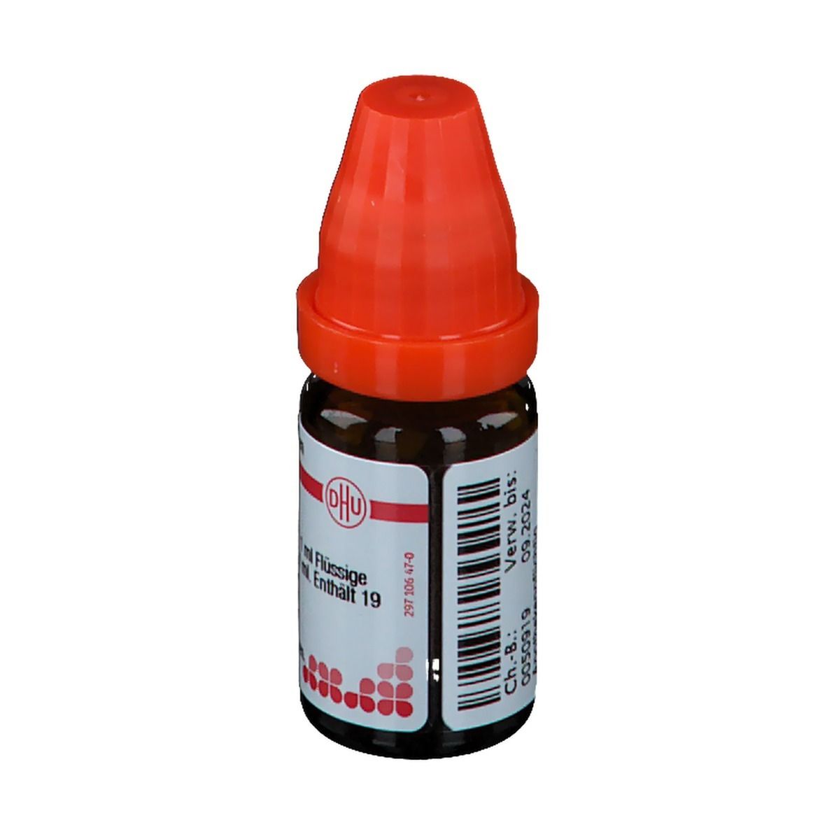 Braune Glasflasche mit rotem Verschluss. Etikett mit Produktinformationen und Chargennummer. Verfallsdatum: 09.2024.
