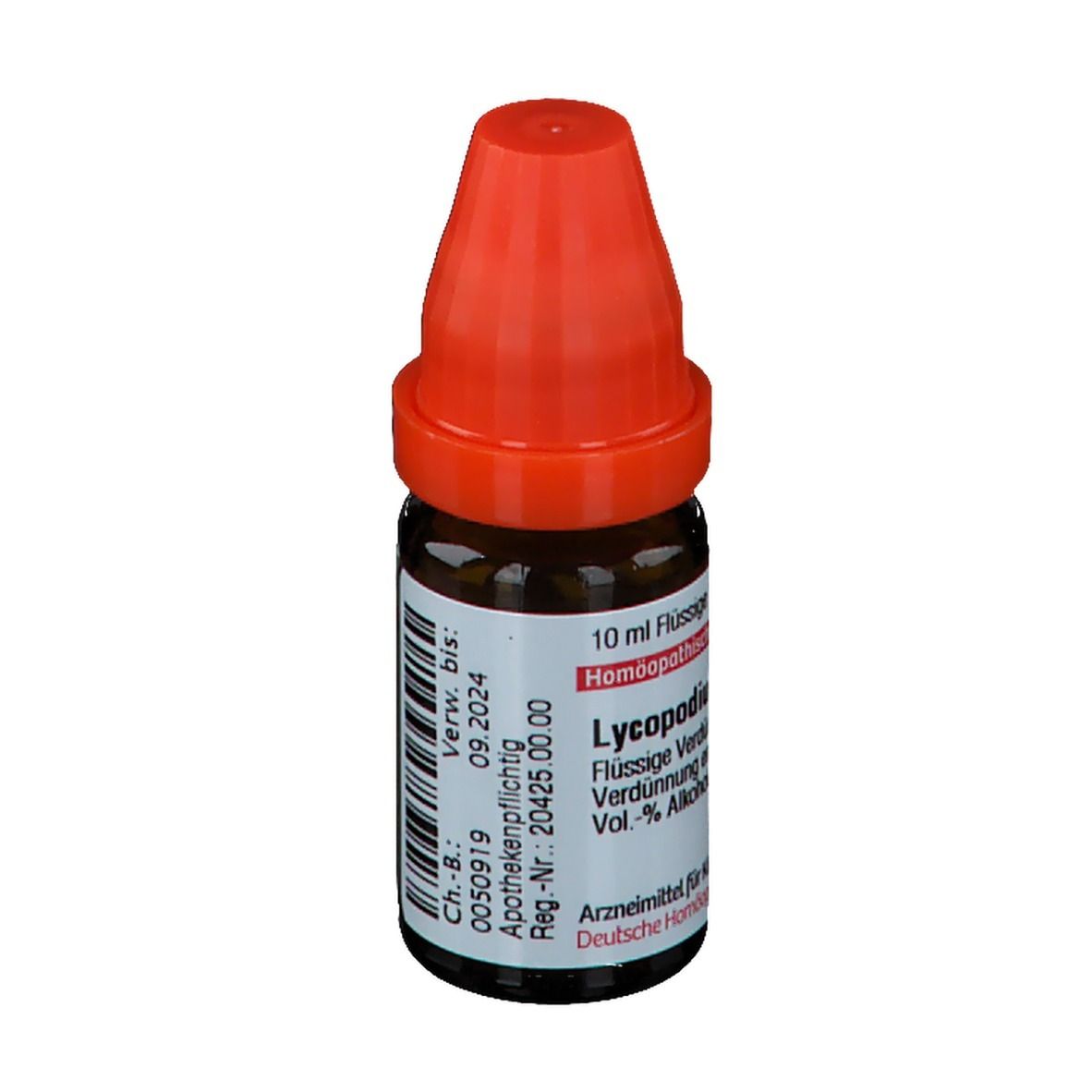 Braune Glasflasche mit rotem Verschluss. Etikett mit Produktinformationen und Verfallsdatum: 09.2024.