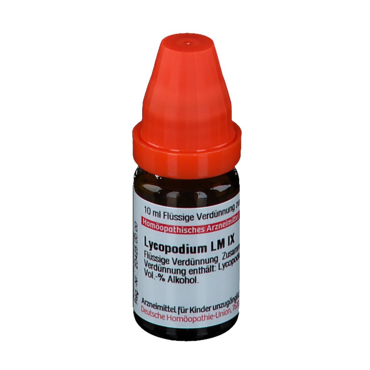 Braune Glasflasche mit rotem Verschluss. Etikett mit Produktinformationen: Lycopodium LM IX, 10 ml Flüssige Verdünnung.