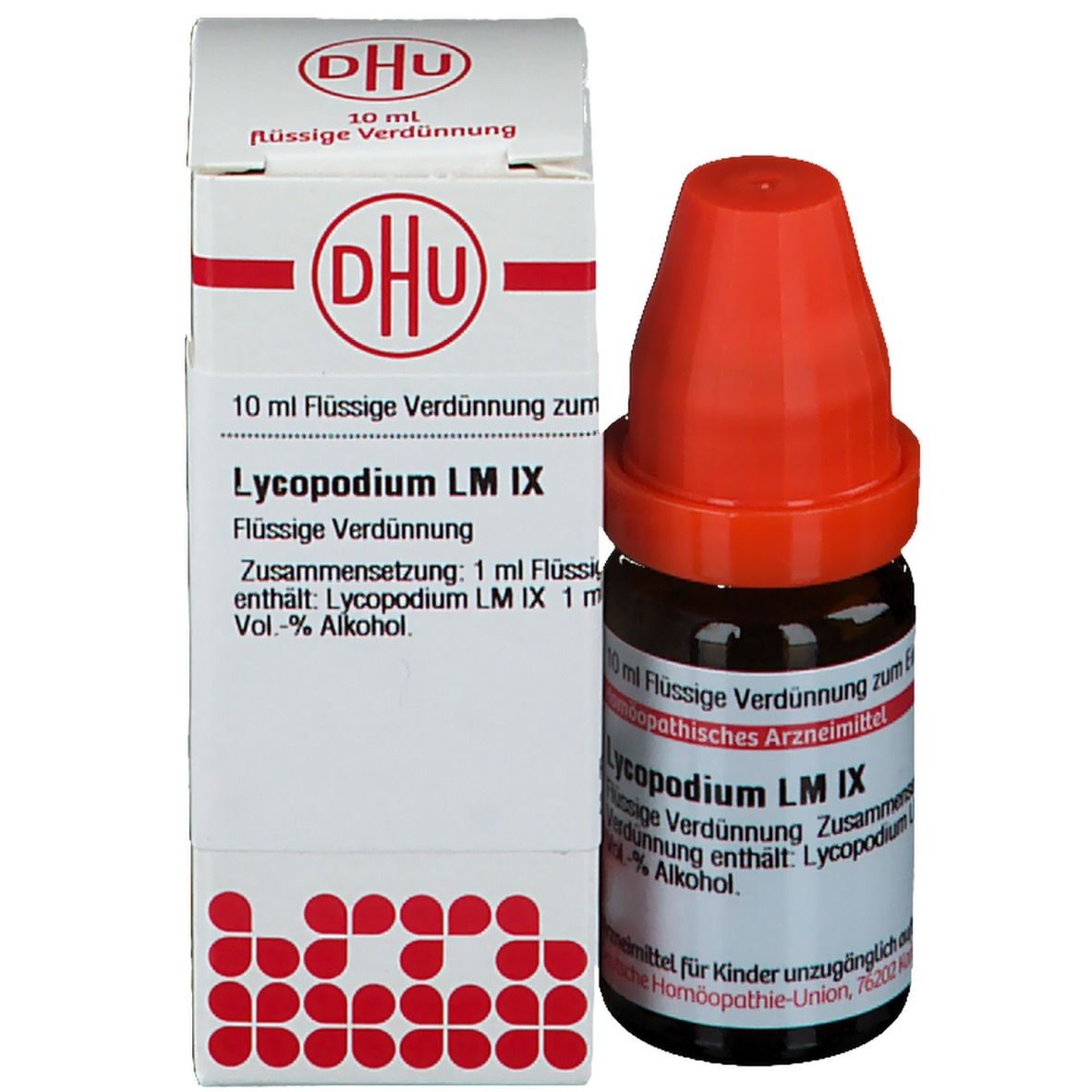 Braune Glasflasche mit rotem Verschluss und Karton. Karton mit Produktinformationen: Lycopodium LM IX, 10 ml.