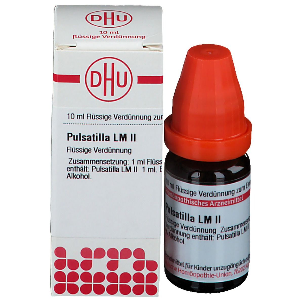 Tropfflasche mit brauner Flüssigkeit und rotem Verschluss neben einer weißen Schachtel. Beschriftung: DHU, Pulsatilla LM II.