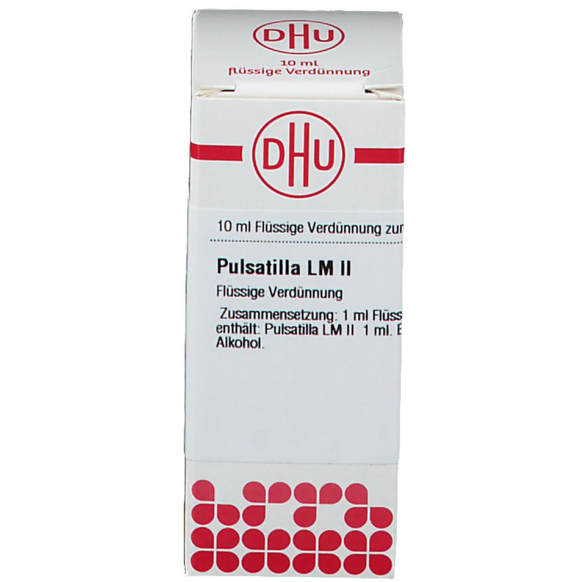 Weiße Schachtel mit rotem Logo und Beschriftung: DHU, Pulsatilla LM II, 10 ml.