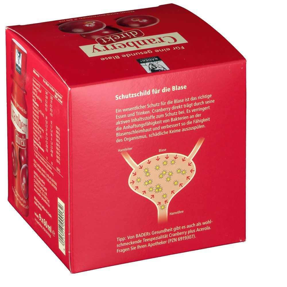 Rote Kartonverpackung mit Produktinformationen und Illustration der Blase. Marke BADERs. Enthält 9 Flaschen à 60ml.