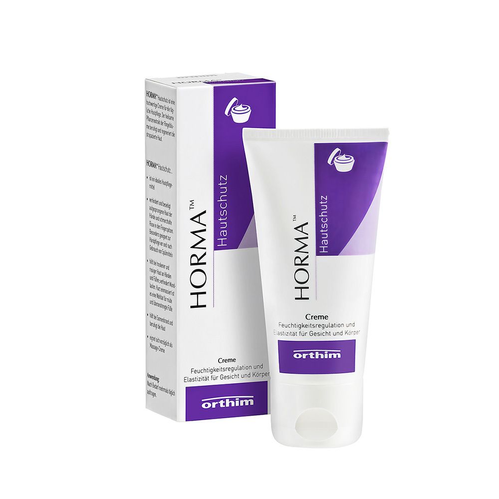 Horma Hautschutzcreme Tube und Verpackung. Weiß, lila Akzente. Text: Horma, Hautschutz, Creme, orthim.