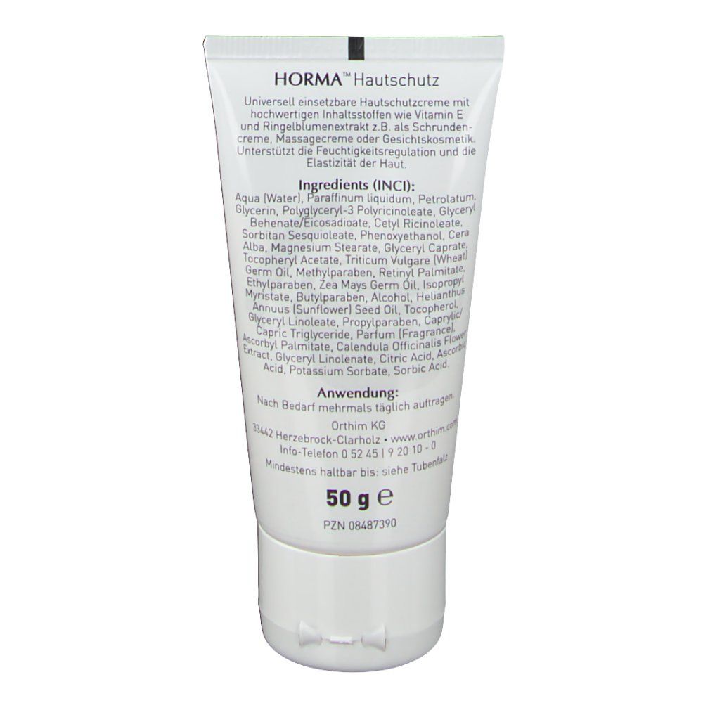 Horma Hautschutzcreme Tube, Rückseite. Weiß, Text. Text: Inhaltsstoffe, 50 g, PZN 08487390.