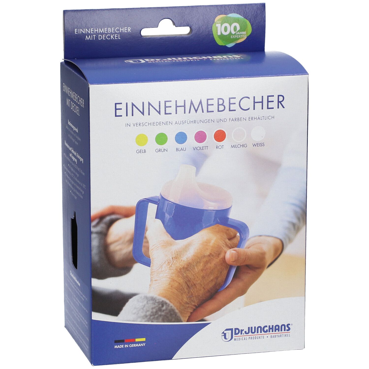 Dr. Junghans® Einnehmebecher 250 ml mit Griff weiß 2 Deckel 4 / 12 mm