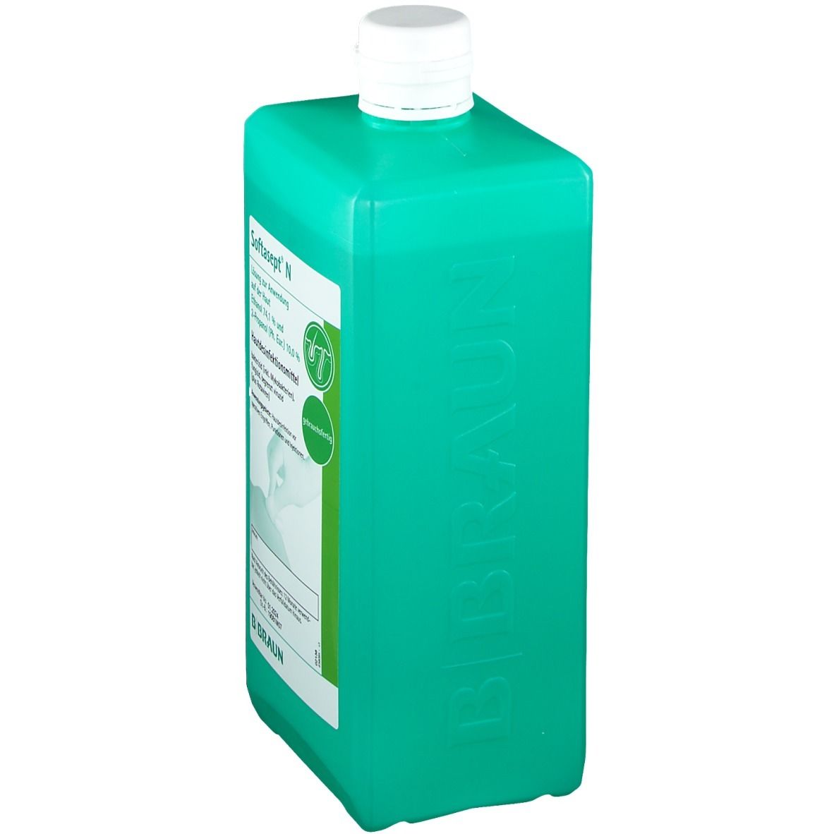 Grüne Flasche mit weißem Deckel. Softasept N. Hautdesinfektionsmittel. B. Braun Logo.
