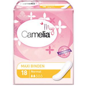 Rosa Verpackung mit "Camelia" Logo und Blüten. Enthält Maxi Binden, 18 Stück, Normal. Siegel.
