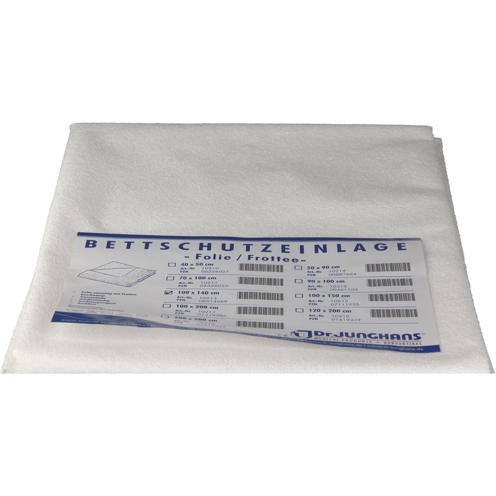 Weiße Bettschutzeinlage aus Frottee-Folie. Auf der Einlage liegt ein Etikett mit Größenangaben. Marke: Dr. Junghans.