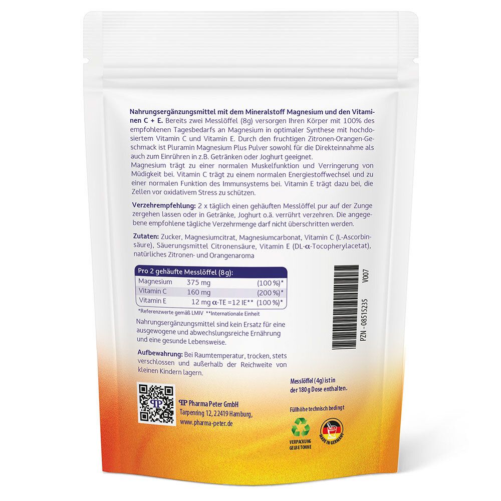 Rückseite der Pluramin Magnesium Plus Pulver-Verpackung. Enthält Informationen zu Inhaltsstoffen und Verzehrempfehlung.