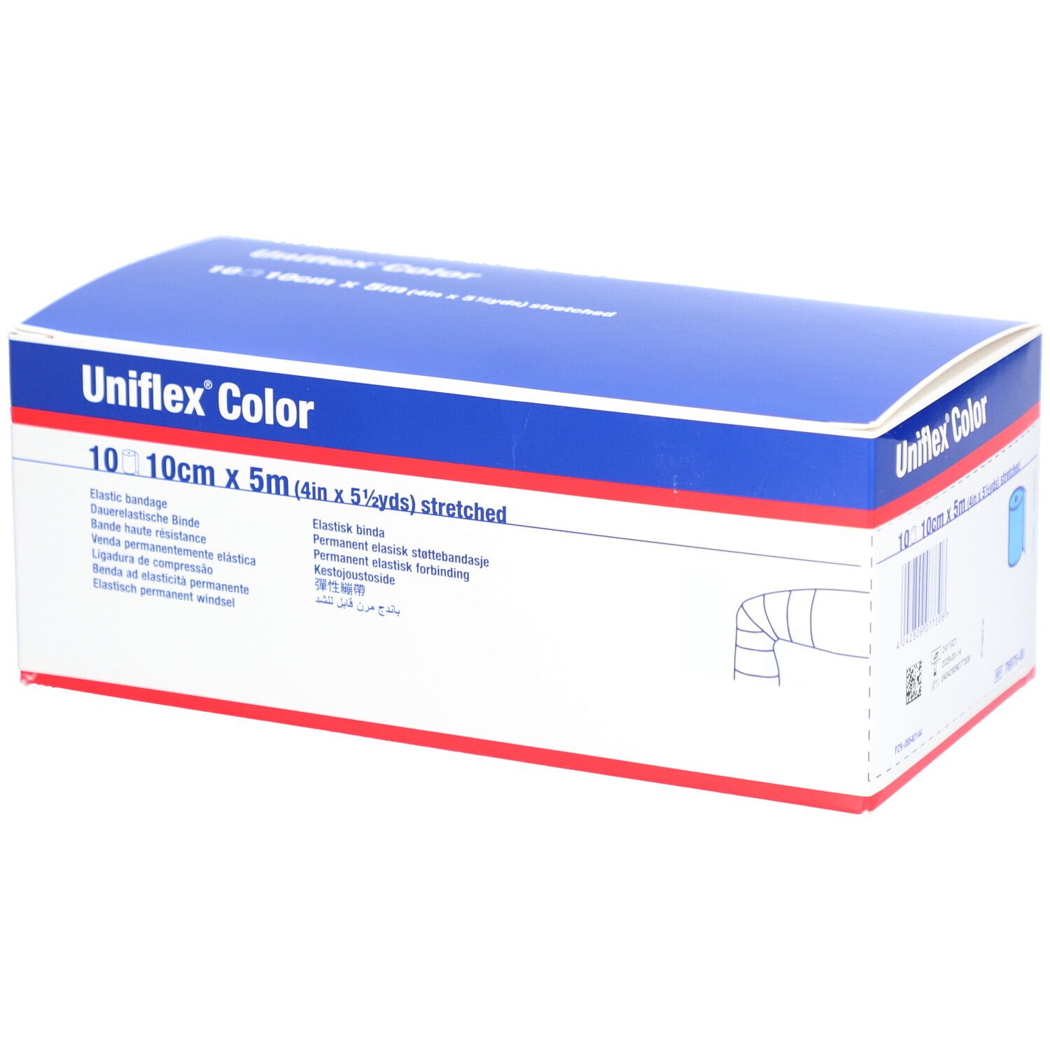 Verpackung von Uniflex Color Binde. Blaue und weiße Schachtel mit Produktinformationen und Logo.