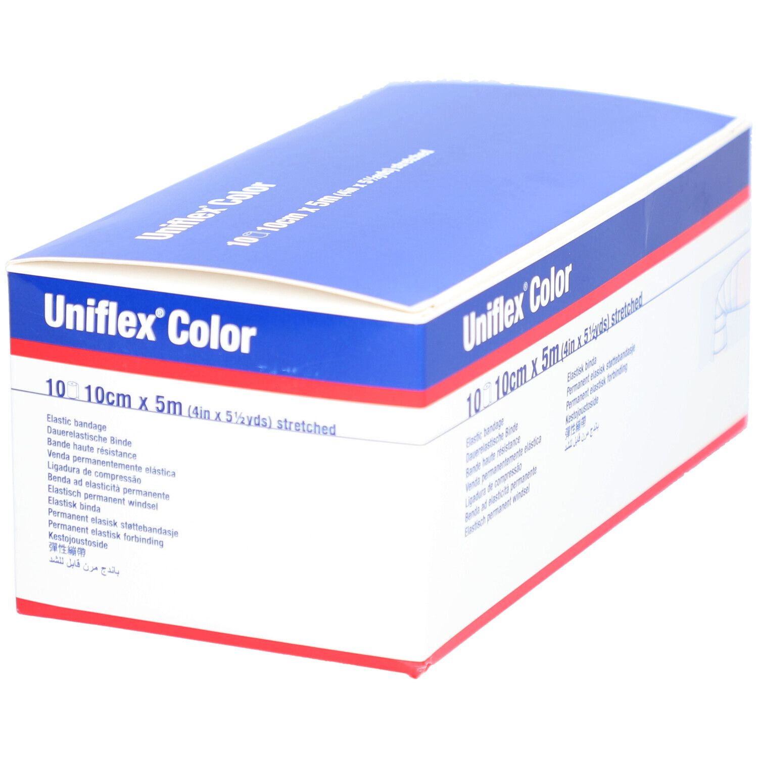 Uniflex Color Binde Verpackung. Blaue und weiße Schachtel mit Produktinformationen und Logo.