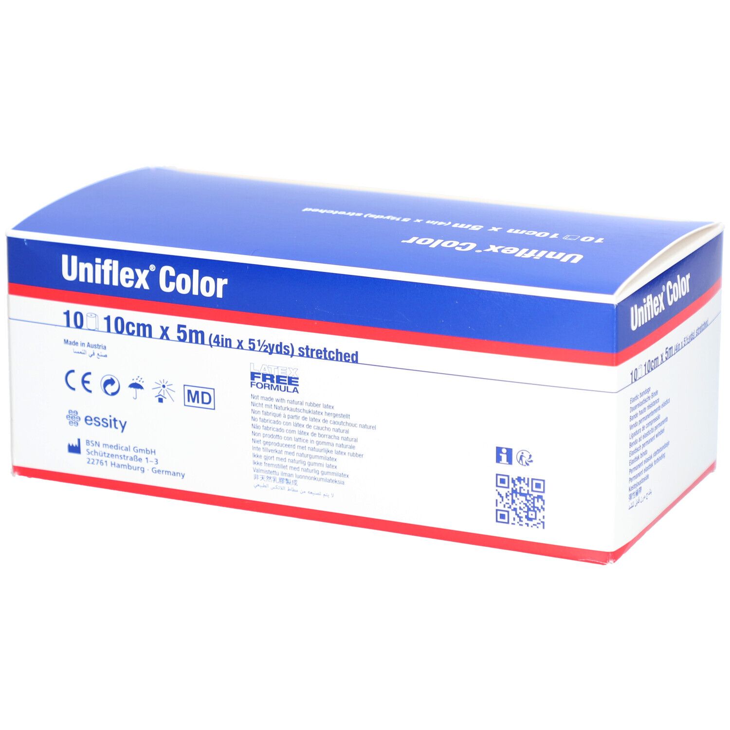 Verpackung von Uniflex Color Binde. Blaue und weiße Schachtel mit Produktinformationen und Logo.