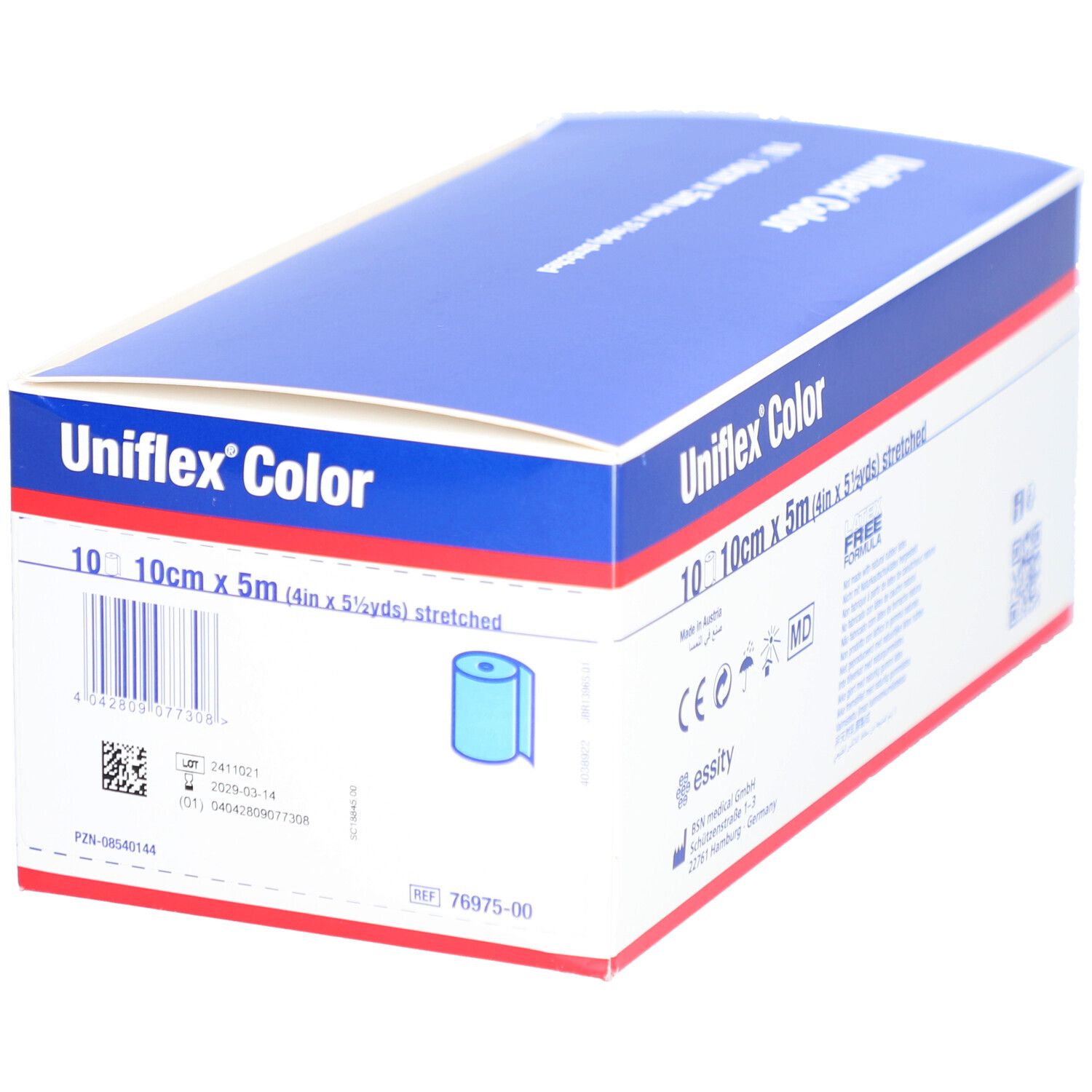Uniflex Color Binde Verpackung. Blaue und weiße Schachtel mit Produktinformationen und Logo.