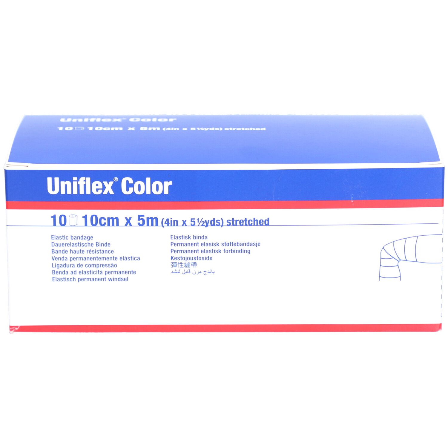Verpackung von Uniflex Color Binde. Blaue und weiße Schachtel mit Produktinformationen und Logo.