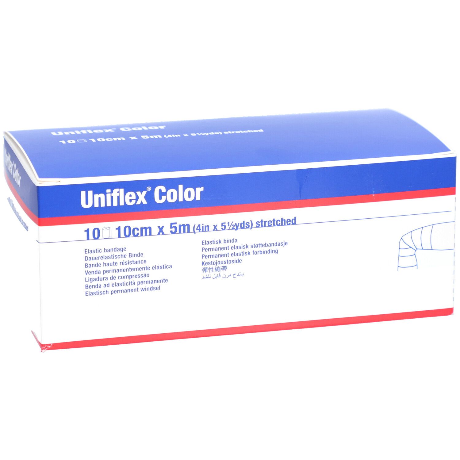 Verpackung von Uniflex Color Binde. Blaue und weiße Schachtel mit Produktinformationen und Logo.