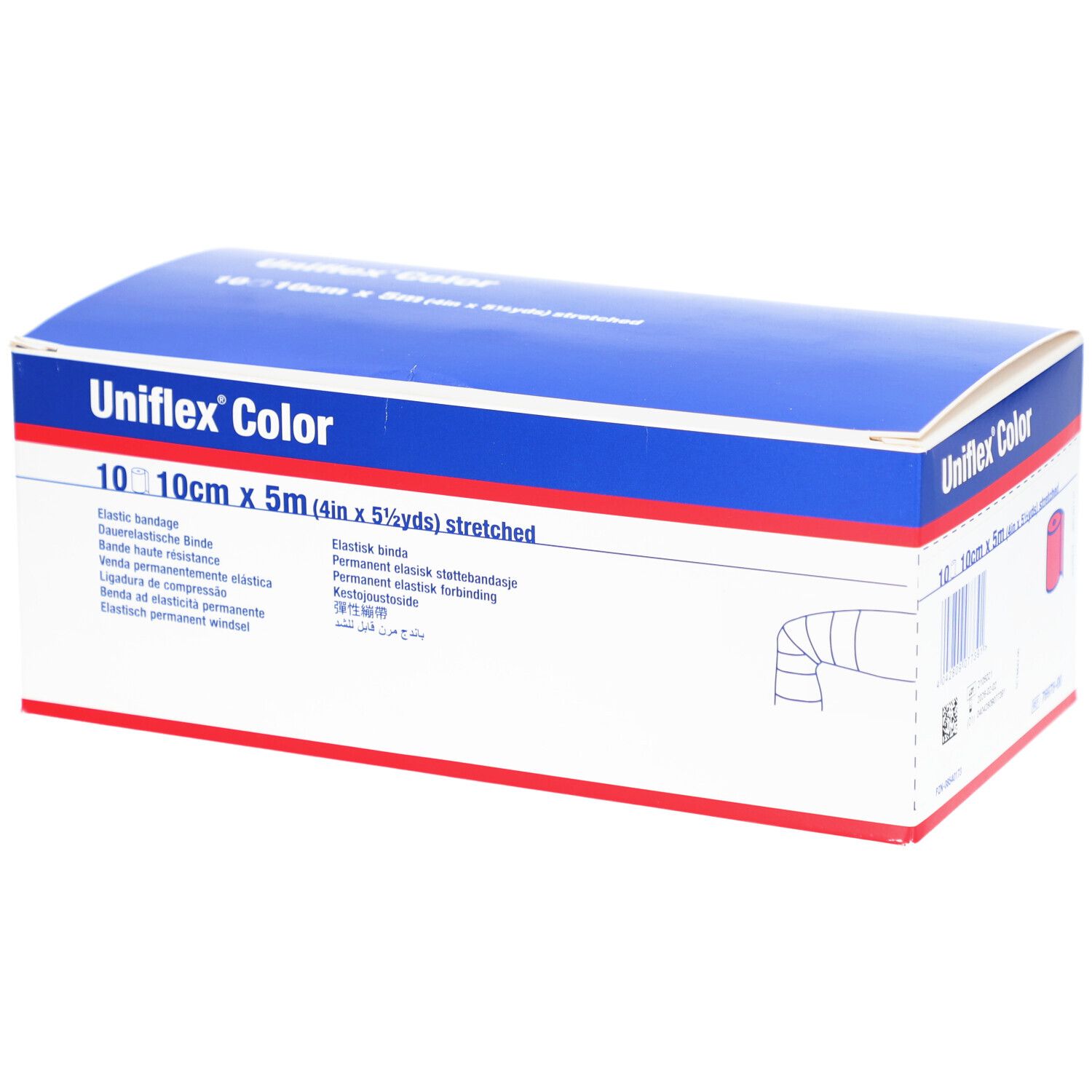 Verpackung von Uniflex Color. Blaue und weiße Schachtel mit Produktinformationen. 10 cm x 5 m. Elastische Binde.