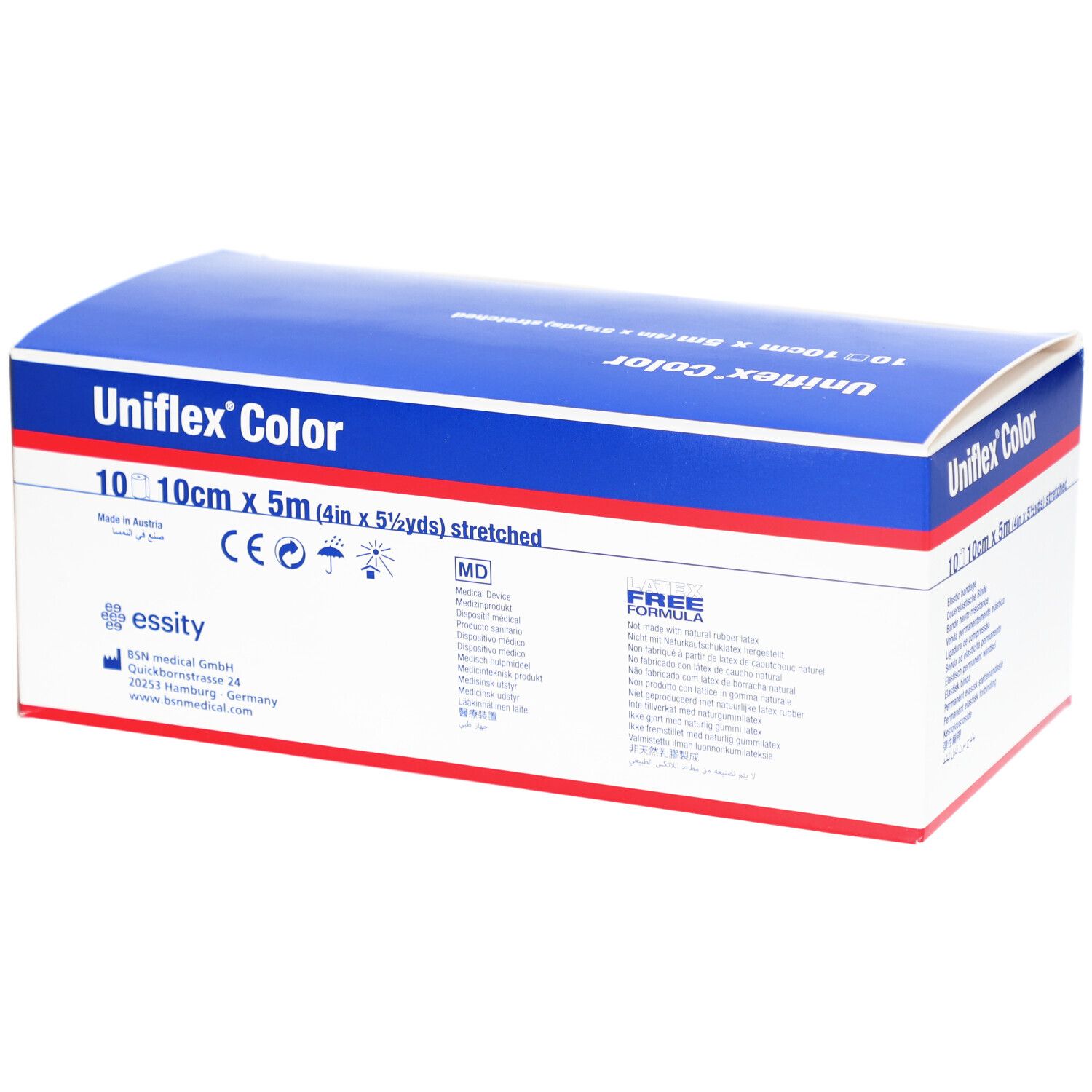 Uniflex Color Verpackung. Blaue und weiße Schachtel. Produktinformationen und Größenangabe: 10 cm x 5 m. Elastische Binde.