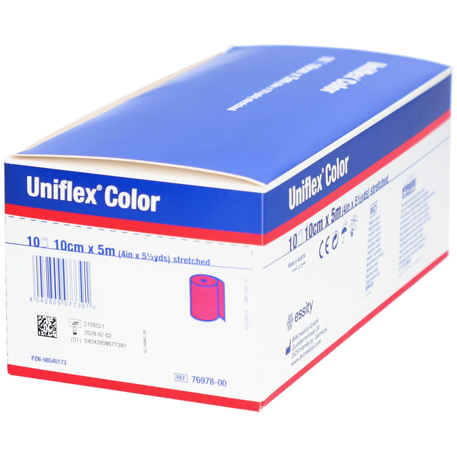 Uniflex Color Verpackung. Blaue und weiße Schachtel. Produktinformationen und Größenangabe: 10 cm x 5 m. Elastische Binde.