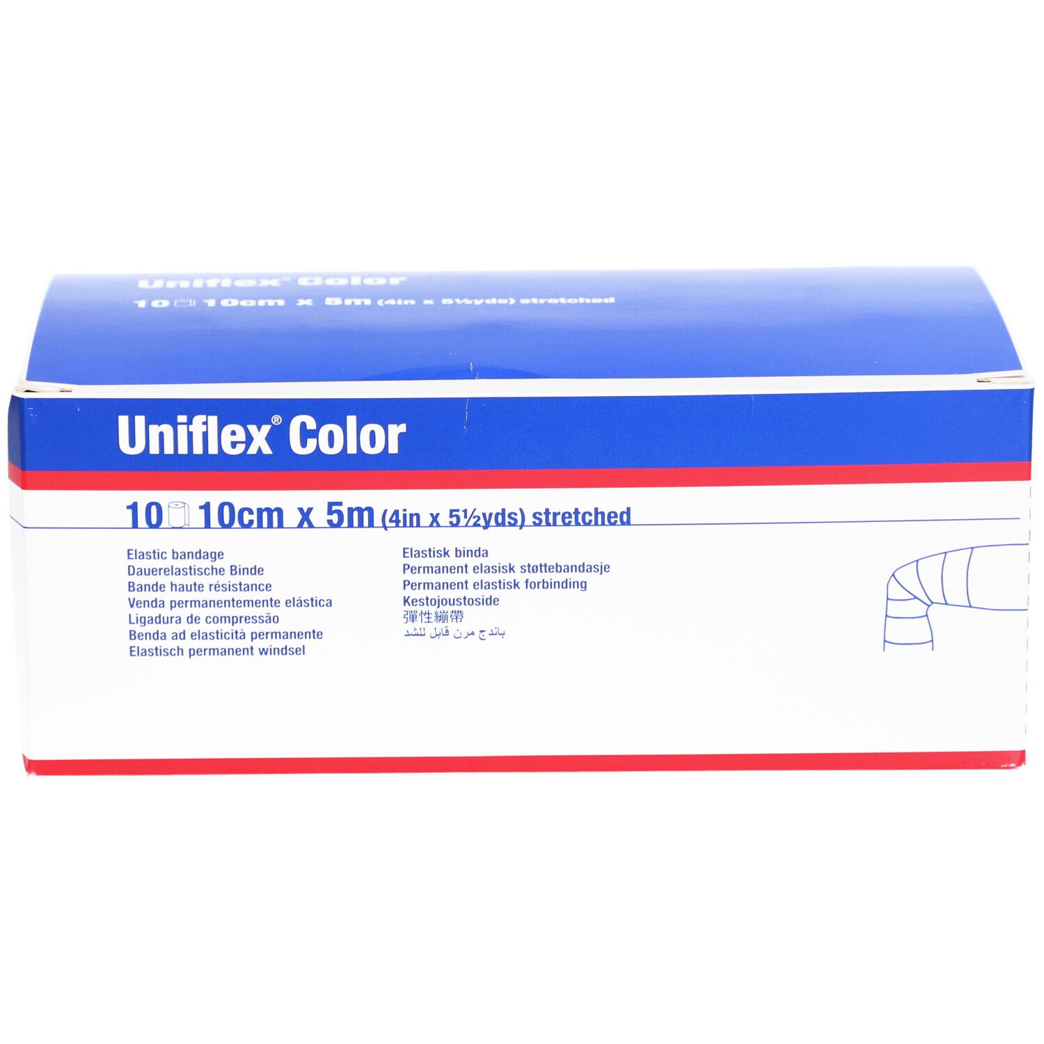 Uniflex Color Verpackung. Blaue und weiße Schachtel. Produktinformationen und Größenangabe: 10 cm x 5 m. Elastische Binde.