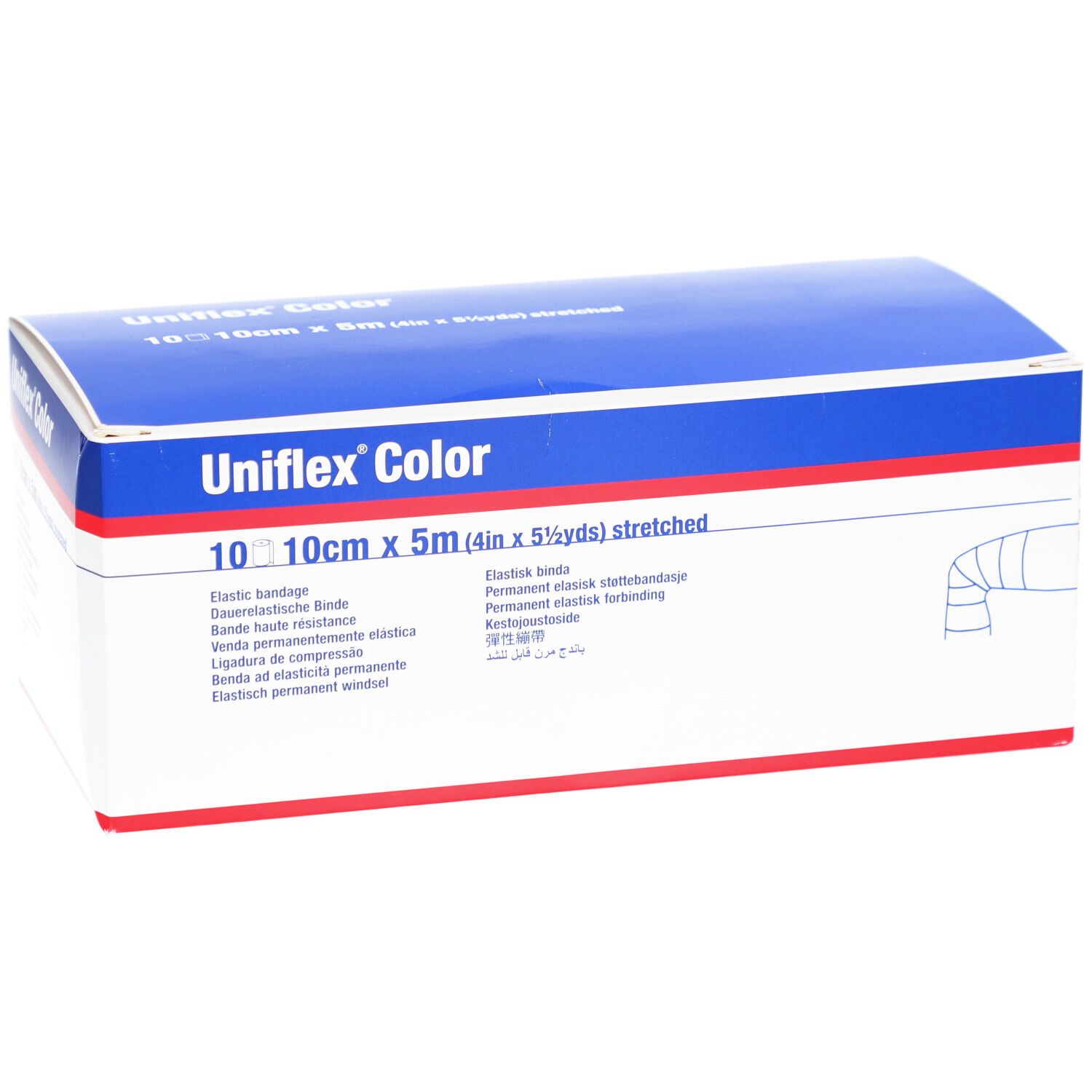 Uniflex Color Verpackung. Blaue und weiße Schachtel. Produktinformationen und Größenangabe: 10 cm x 5 m. Elastische Binde.