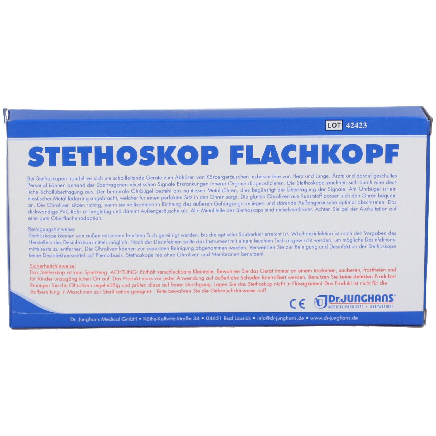 Blaue Verpackung mit Text: "STETHOSKOP FLACHKOPF". Text und Abbildung eines Stethoskops. Marke: Dr. Junghans. CE-Zeichen.
