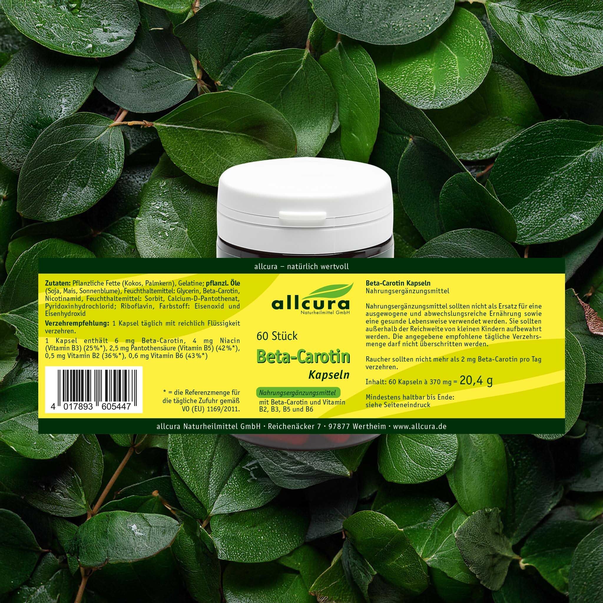 Dose mit Kapseln, umgeben von Blättern. Aufschrift: allcura Beta-Carotin Kapseln, 60 Stück. Informationen zum Produkt.