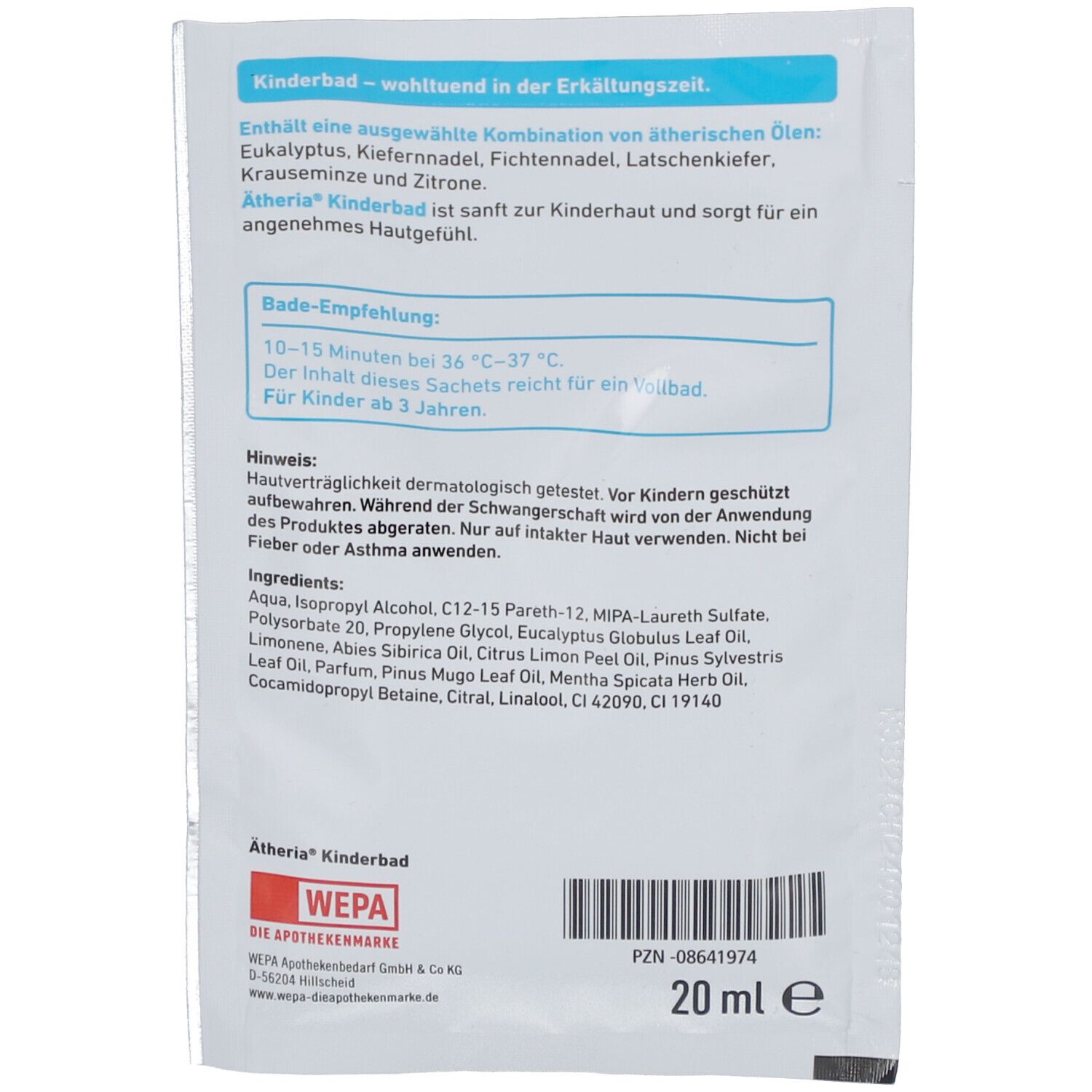 Sachet mit Produktinformationen. Enthält ätherische Öle. Für Kinder ab 3 Jahren. Marke: Ätheria Kinderbad.