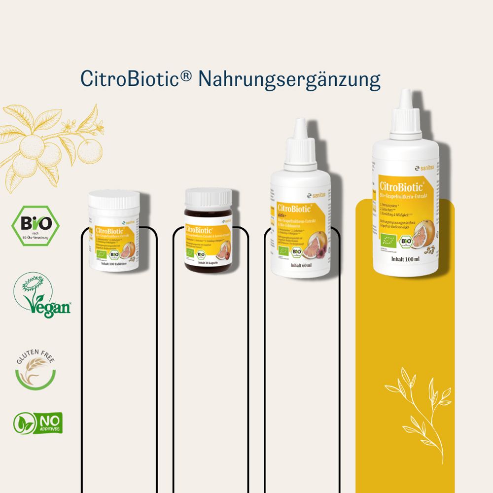 Citrobiotic Produkte: Kapseln und Tropfflaschen in verschiedenen Größen, Bio, Vegan, Glutenfrei.