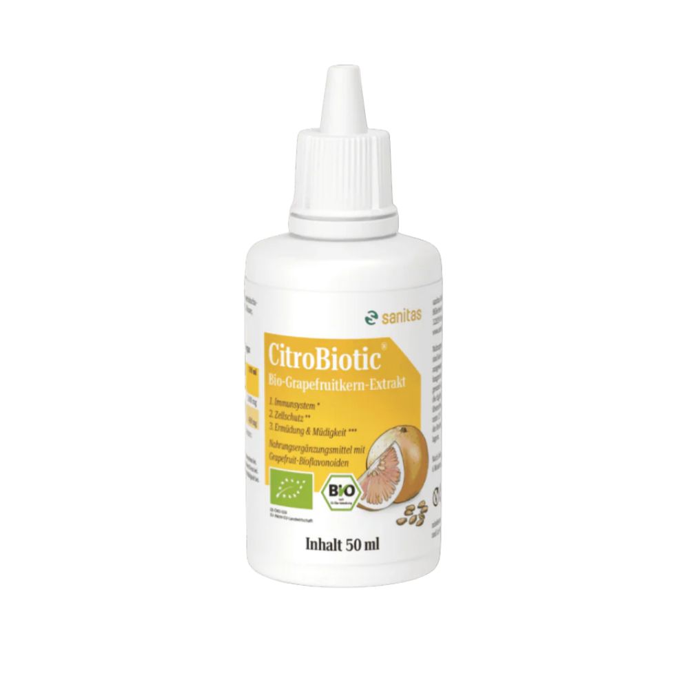Weiße Tropfflasche mit gelbem Etikett, zeigt Grapefruit und Bio-Siegel. Inhalt 50 ml.