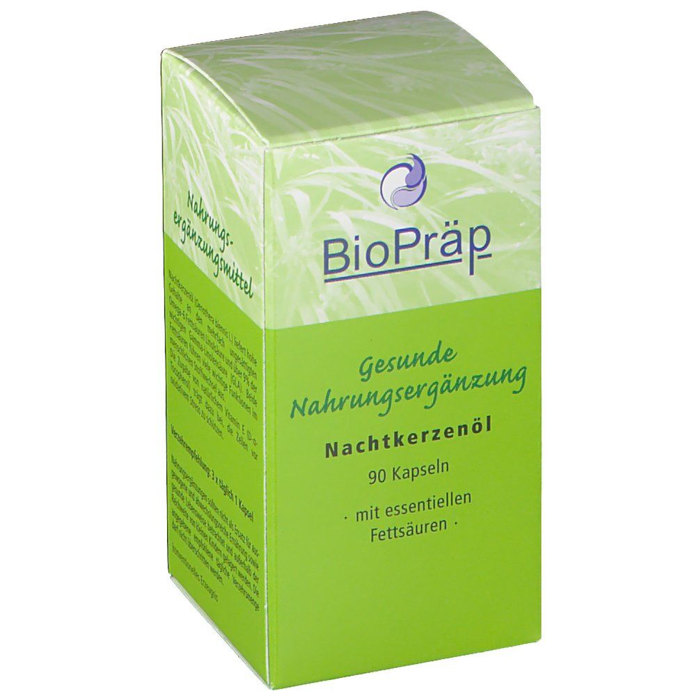 Grüne Schachtel mit "BioPräp"-Logo. Text: "Gesunde Nahrungsergänzung", "Nachtkerzenöl", 90 Kapseln, mit essentiellen Fettsäuren.