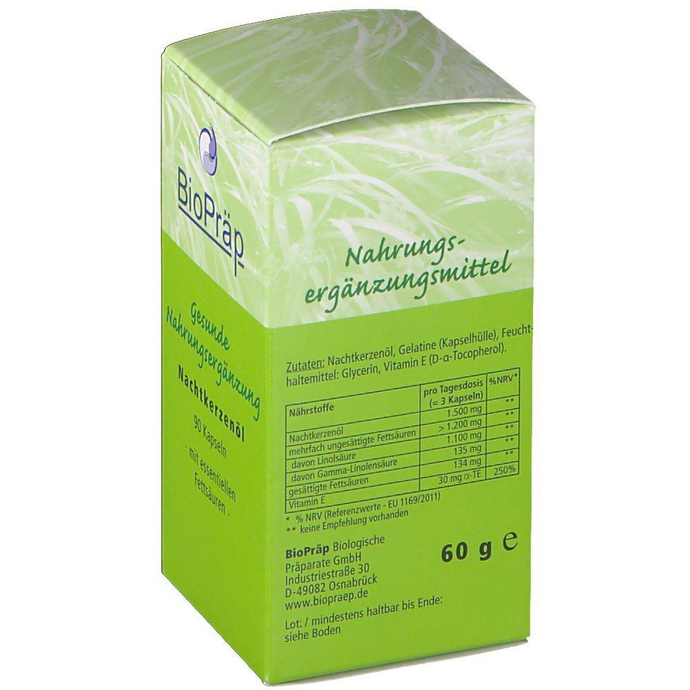 Grüne Schachtel mit "BioPräp"-Logo. Text: "Nahrungsergänzungsmittel". Rückseite mit Nährwertangaben und Inhaltsstoffen. 60 g.