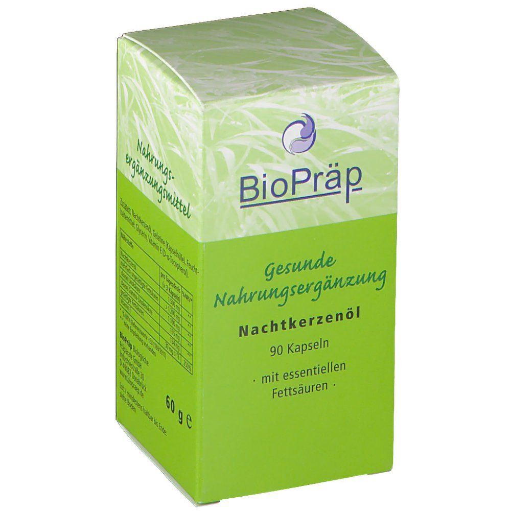 Grüne Schachtel mit "BioPräp"-Logo. Text: "Gesunde Nahrungsergänzung", "Nachtkerzenöl", 90 Kapseln, mit essentiellen Fettsäuren. 60 g.