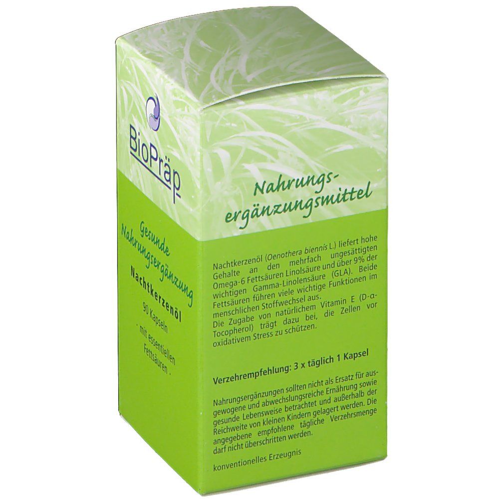 Grüne Schachtel mit "BioPräp"-Logo. Text: "Nahrungsergänzungsmittel". Rückseite mit Produktinformationen und Verzehrempfehlung.
