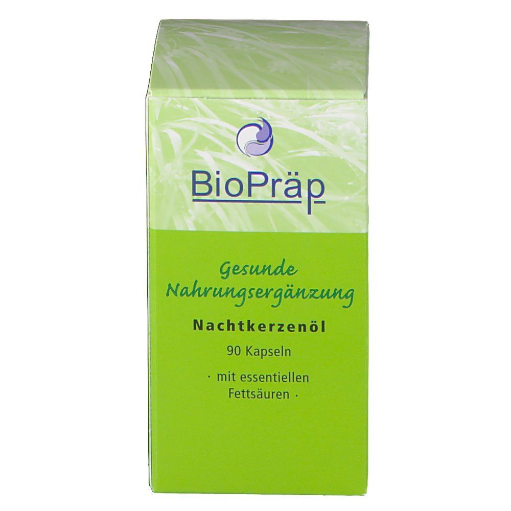 Grüne Schachtel mit "BioPräp"-Logo. Text: "Gesunde Nahrungsergänzung", "Nachtkerzenöl", 90 Kapseln, mit essentiellen Fettsäuren.