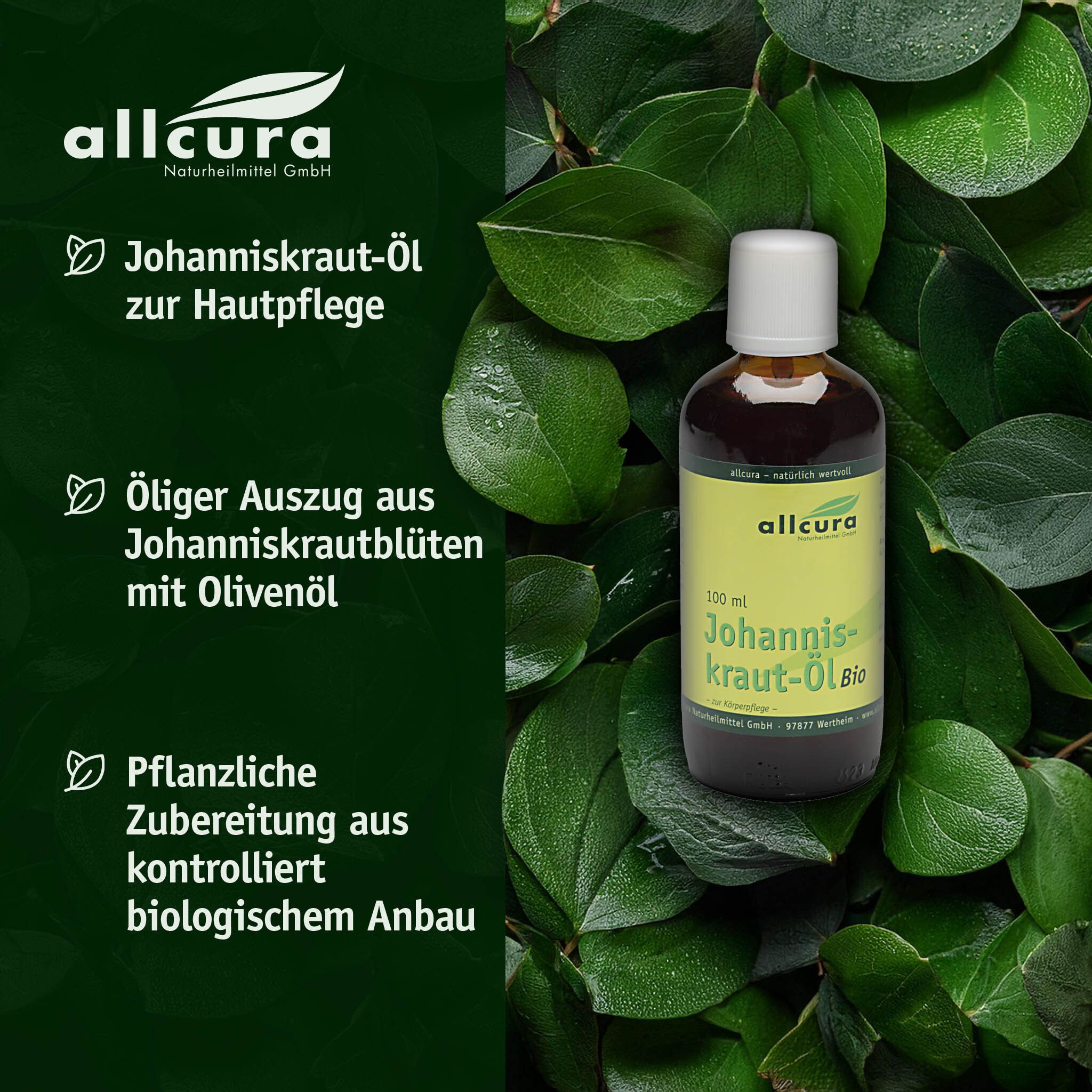 Produktflasche vor grünem Hintergrund. Text: Johanniskraut-Öl zur Hautpflege.