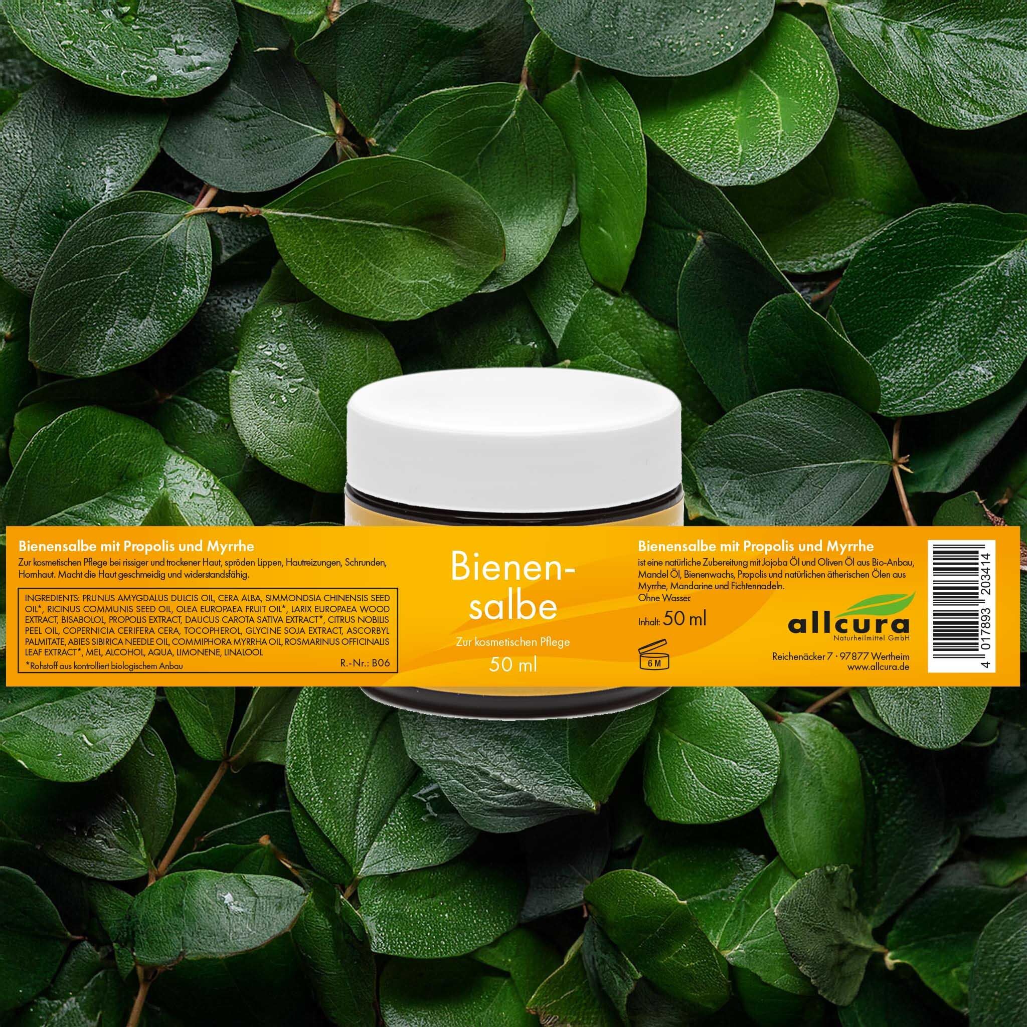 Produkt-Tiegel vor grünem Hintergrund. Aufschrift: Bienensalbe, 50 ml. Mit Etikett und Logo.