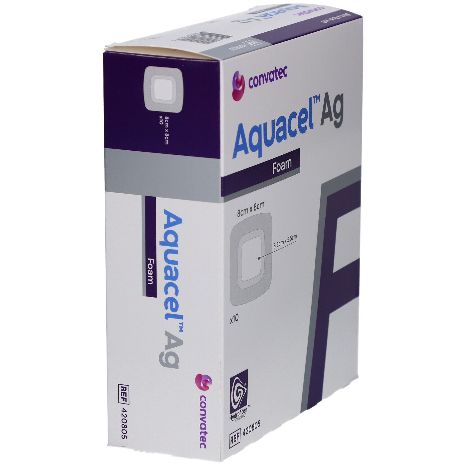 Produktverpackung, schräg. Marke Convatec, Produktname Aquacel Ag Foam. Größe 8x8 cm. Innenbereich 5,5x5,5 cm.