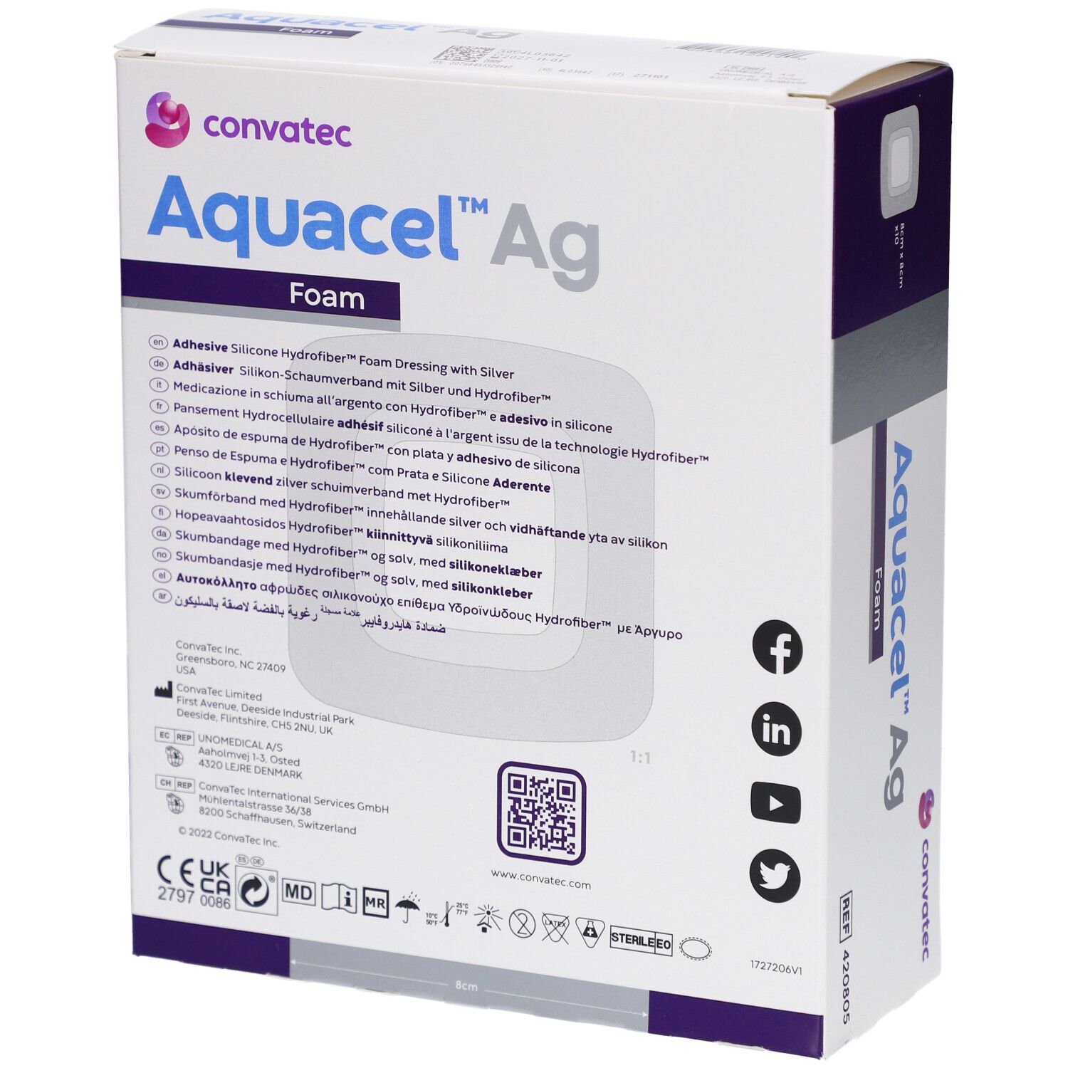 Rückseite der Produktverpackung. Mehrsprachige Produktinformationen. Marke Convatec, Produktname Aquacel Ag Foam. QR-Code.