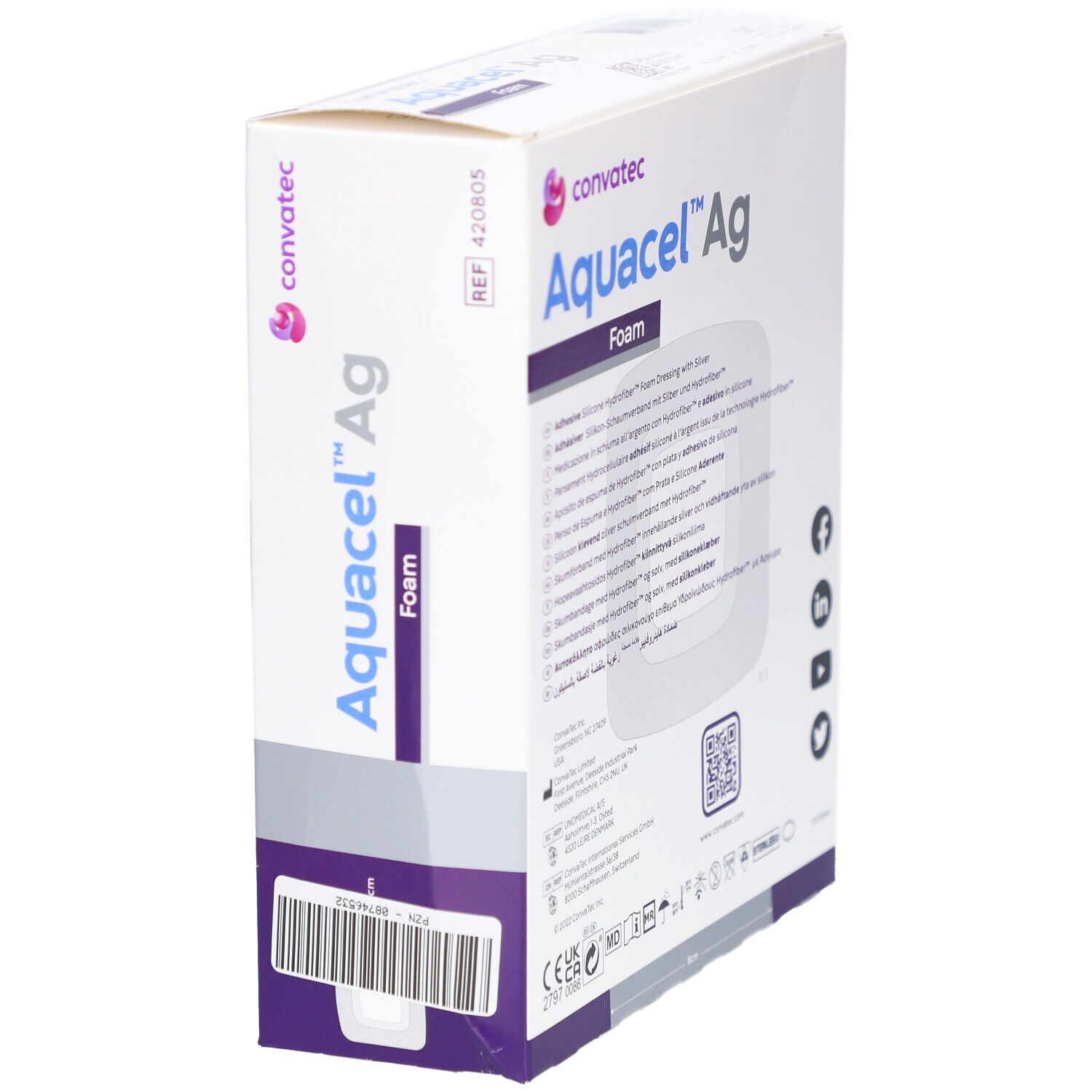 Produktverpackung, schräg. Marke Convatec, Produktname Aquacel Ag Foam. Referenznummer 420805. Barcode.