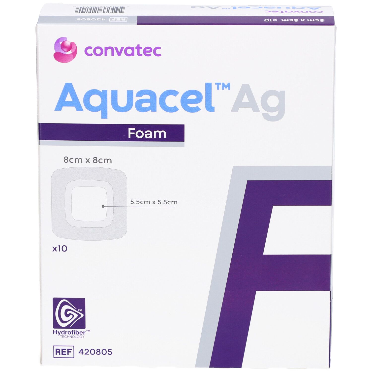 Produktverpackung. Marke Convatec, Produktname Aquacel Ag Foam. Größe 8x8 cm, Innenbereich 5,5x5,5 cm. x10.