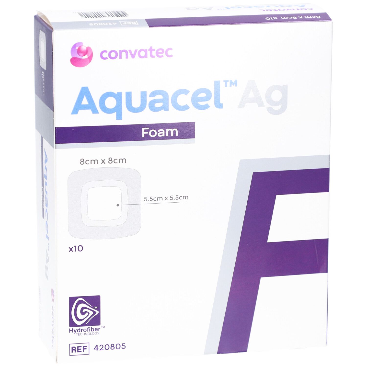 Produktverpackung. Marke Convatec, Produktname Aquacel Ag Foam. Größe 8x8 cm, Innenbereich 5,5x5,5 cm. x10.