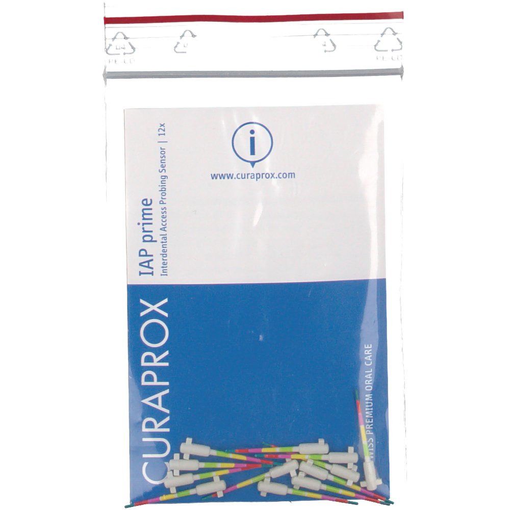 Packung mit IAP prime Interdental Access Probing Sensor. Mehrfarbige Sonden, weißer Kopf. CURAPROX-Logo.