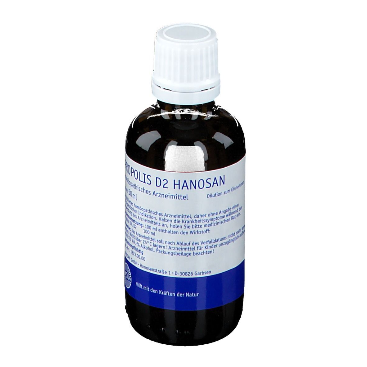 Braune Flüssigkeit in einer Glasflasche mit weißem Deckel. Etikett mit blauer und weißer Schrift. Produktname: Propolis D2 Hanosan.