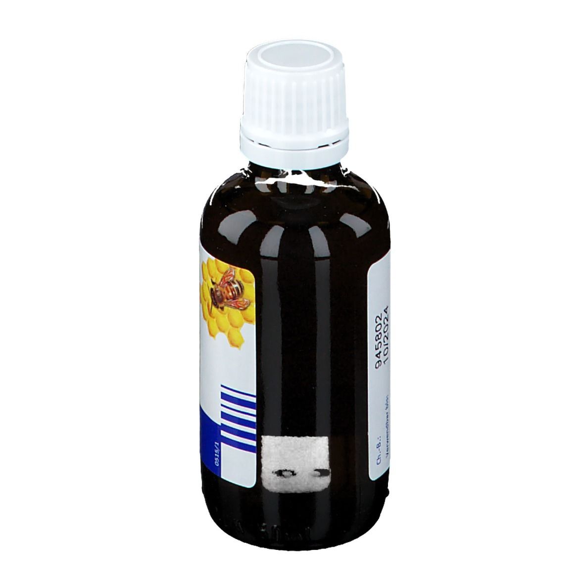 Braune Flüssigkeit in einer Glasflasche mit weißem Deckel. Etikett mit Text und Datumsangabe. Produktname: Propolis D2 Hanosan.