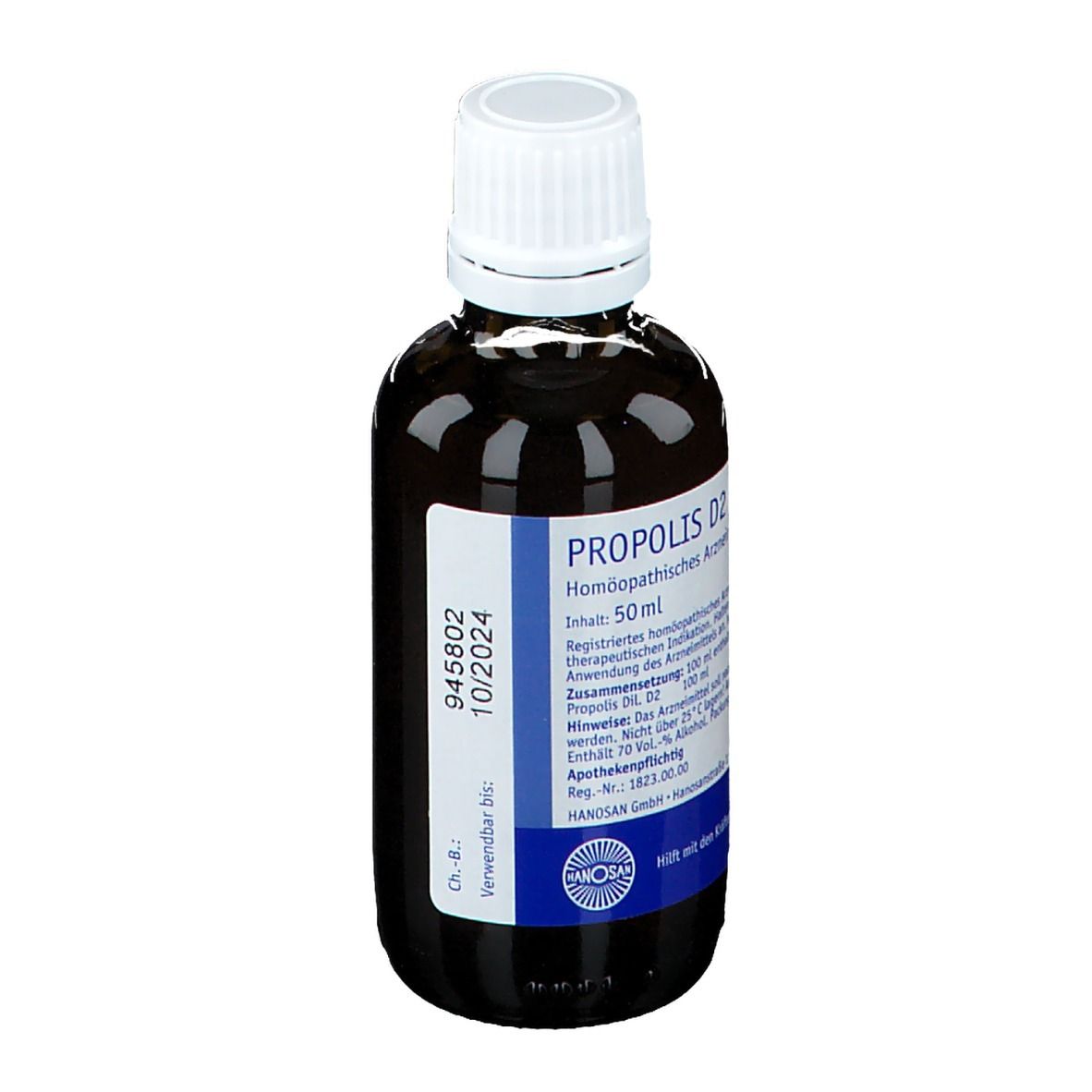 Braune Flüssigkeit in einer Glasflasche mit weißem Deckel. Etikett mit Text und Verfallsdatum. Produktname: Propolis D2 Hanosan.