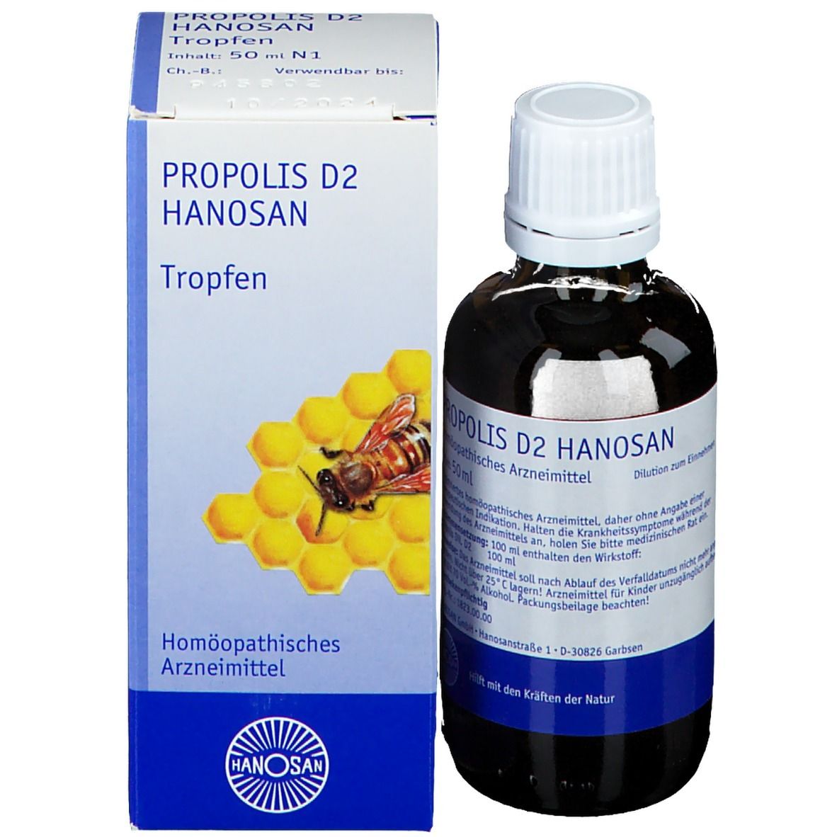 Glasflasche mit brauner Flüssigkeit und weißem Deckel neben einer Schachtel. Produktname: Propolis D2 Hanosan.