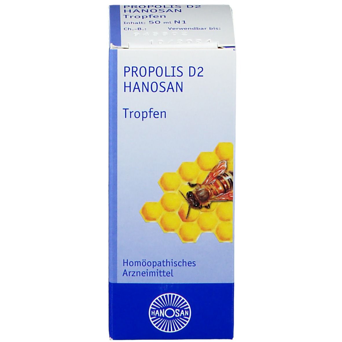 Schachtel mit Text und Abbildung einer Biene auf einer Wabe. Produktname: Propolis D2 Hanosan.