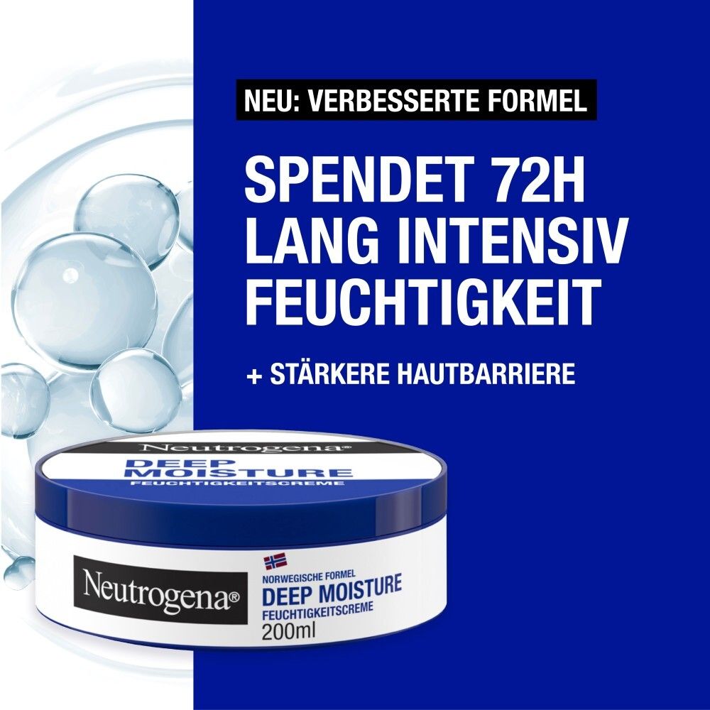 Dose mit blauem Deckel und Text. Text: Spendet 72h lang intensive Feuchtigkeit. Neutrogena Deep Moisture.